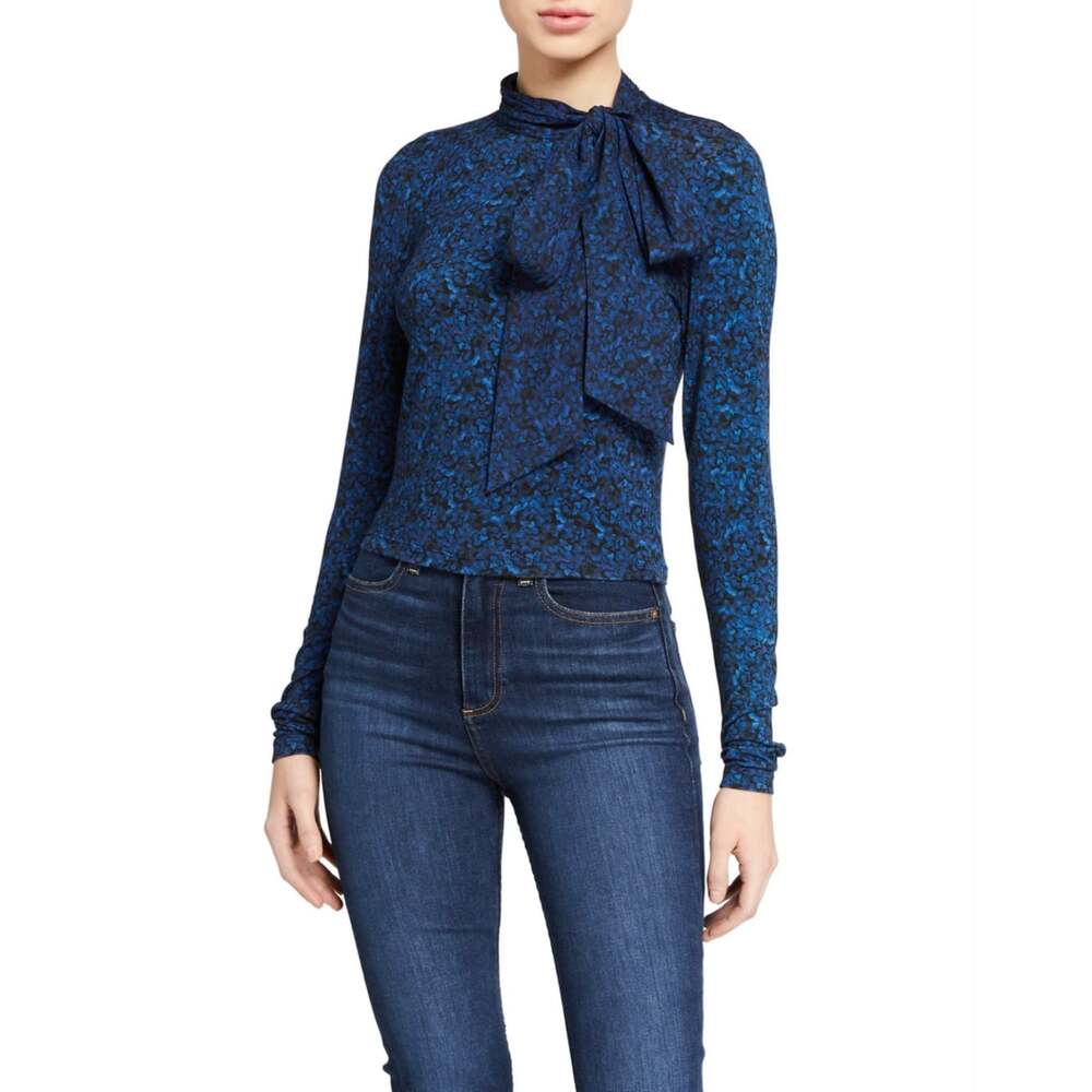 Alice + Olivia Delaina Tie Neck Crop Top Blue Floral Long Sleeve Size Small
